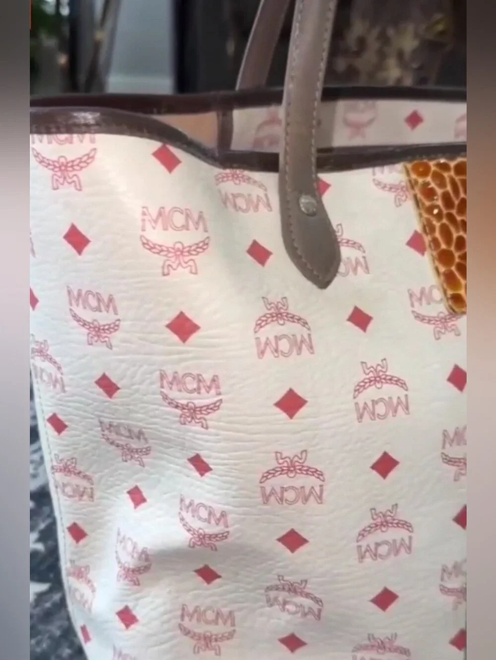 MCM White Pink Logo Canvas Tote with Multicolor Accent Stripes